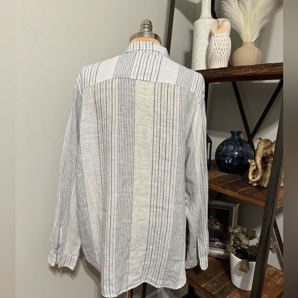 CP Shades 100% Linen Button Up Stripe Tunic Shirt L Lagenlook Coastal Beach Boho - Picture 2 of 9